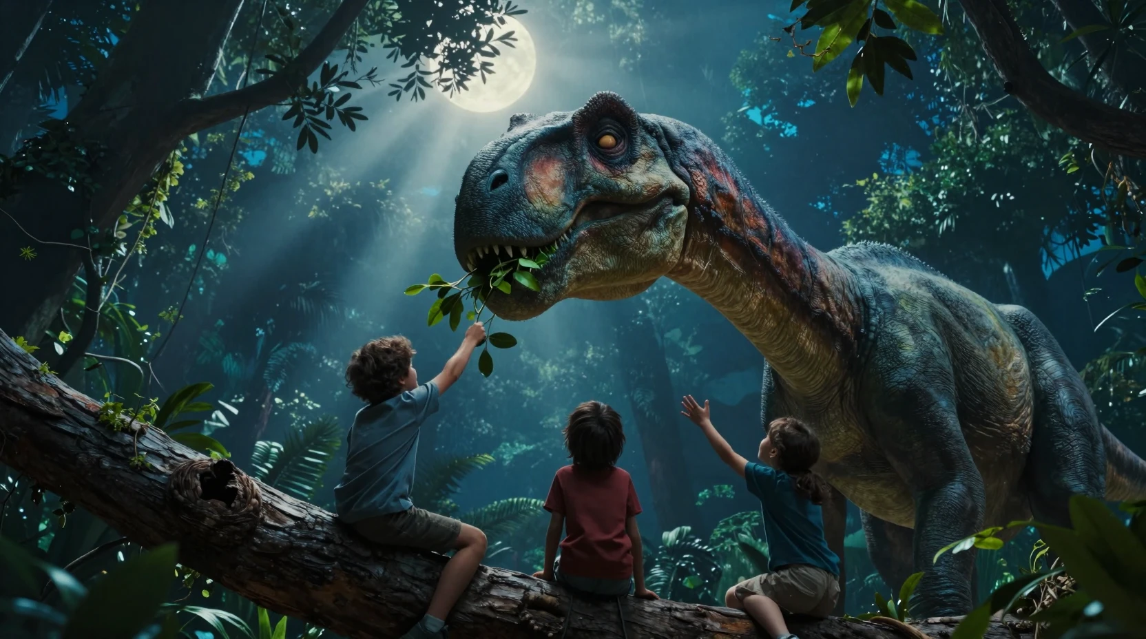 Brachiosaurus towering above kids in a moonlit jungle