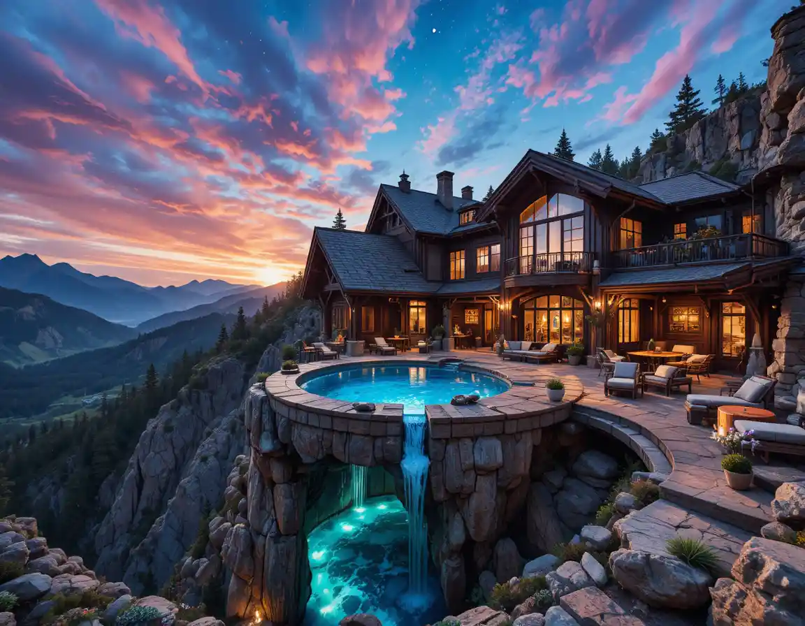 Luxury mountain estate with sky pool above rugged peaks