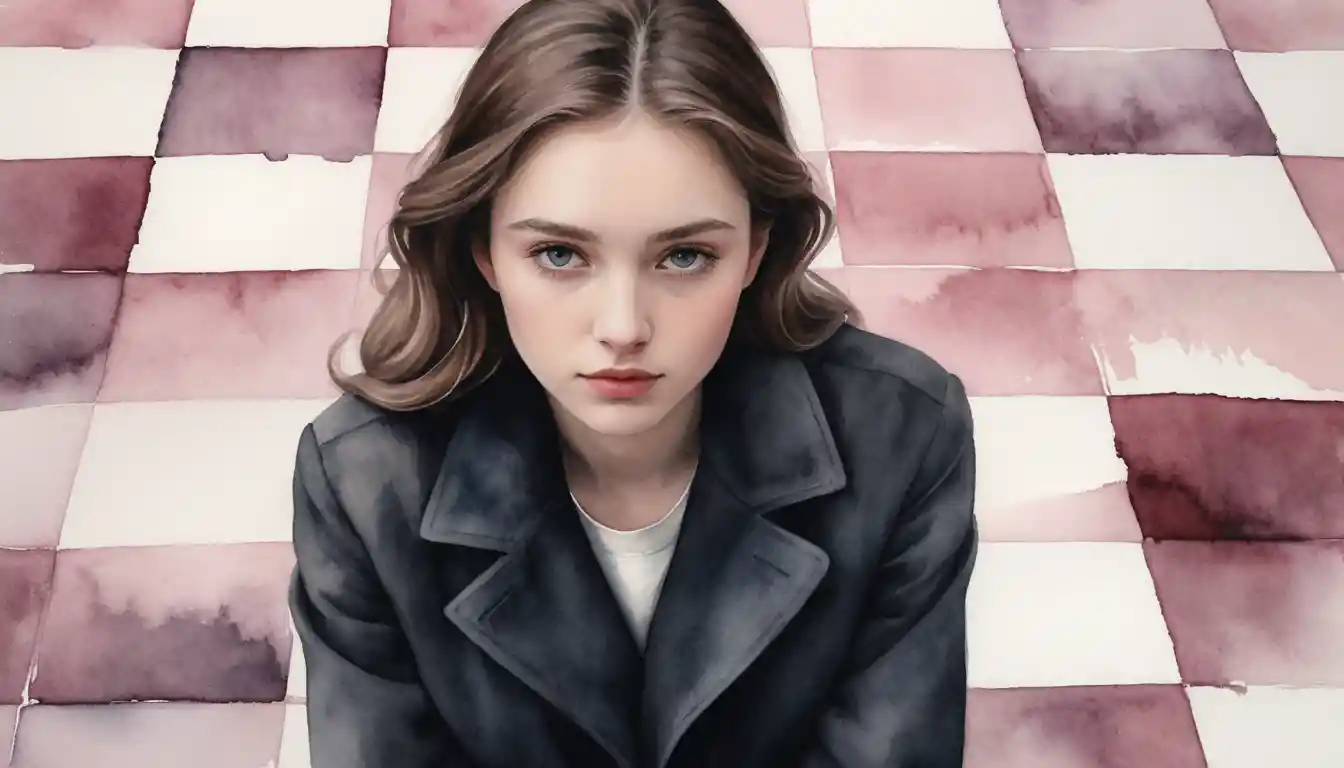 Young woman on a misty chessboard in watercolor tones