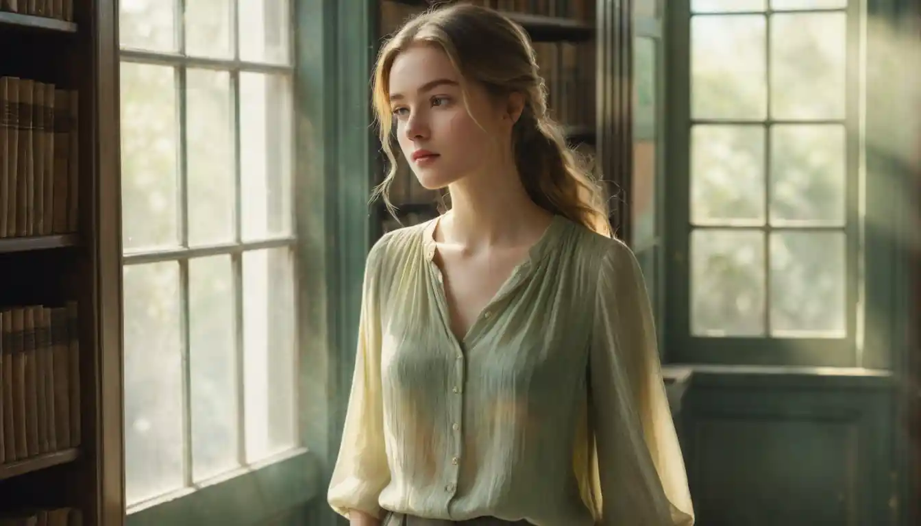 Young woman walking through a fading watercolor library