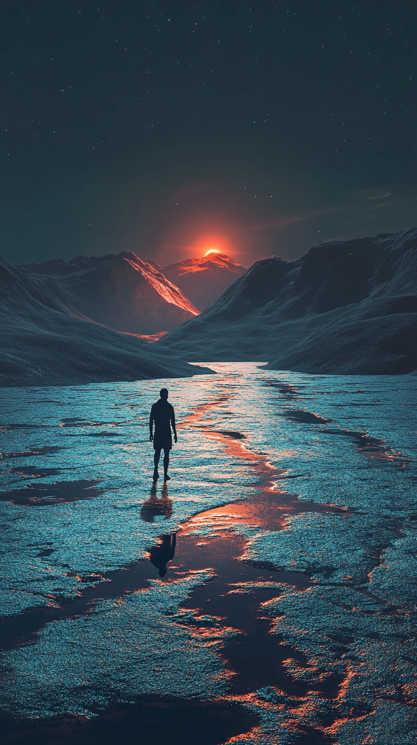 Lone traveler reaching for mirage on glowing desert horizon