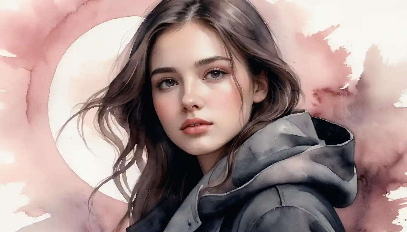 Watercolor girl standing inside a surreal giant clock