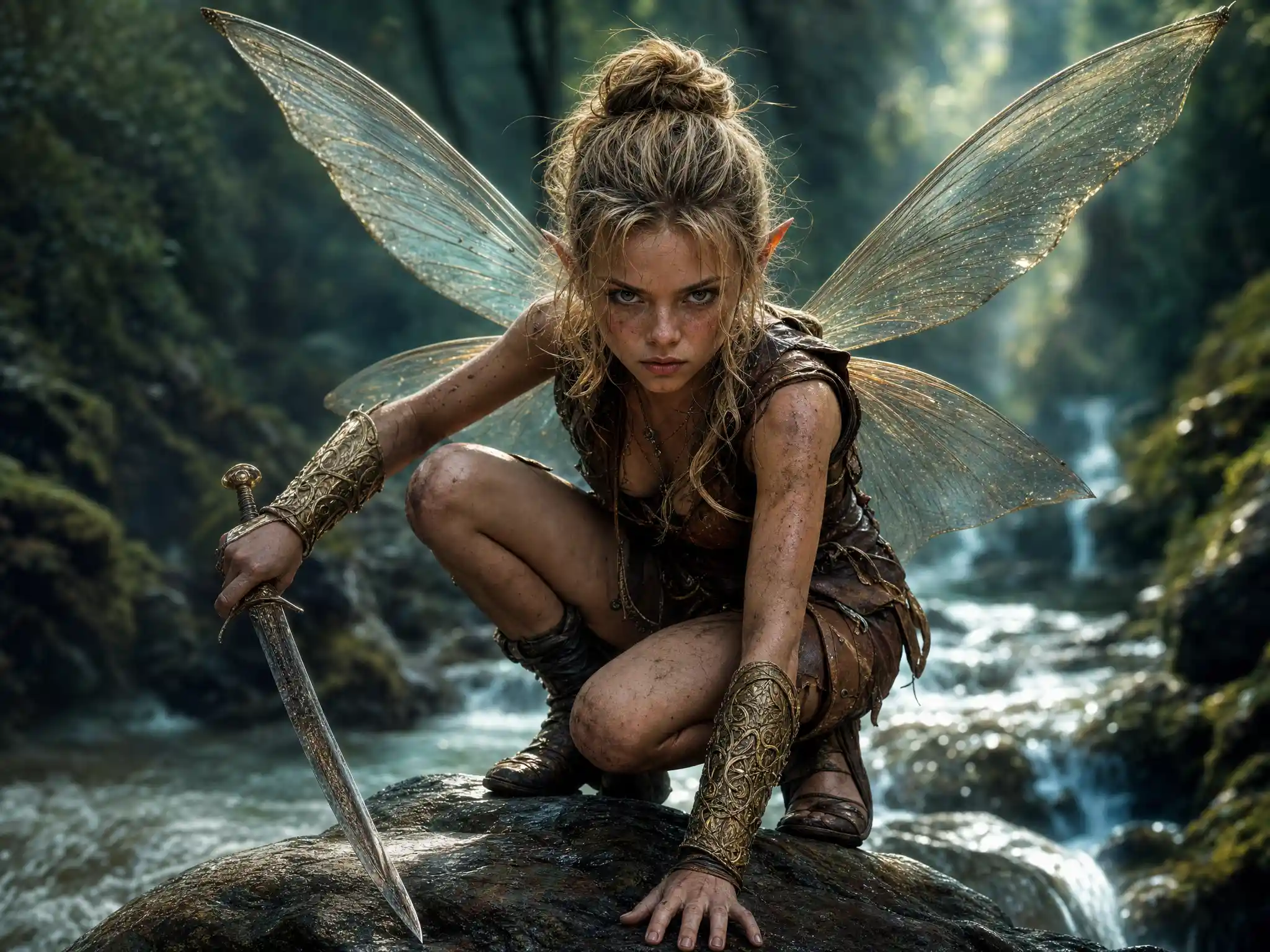 Fantasy fairy warrior crouched above a mountain stream