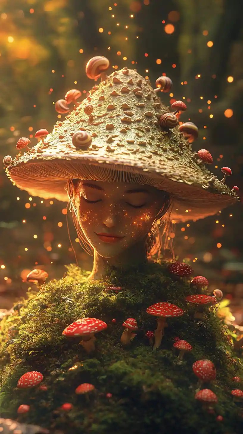 Anthropomorphic mushroom woman in warm glowing forest portrait