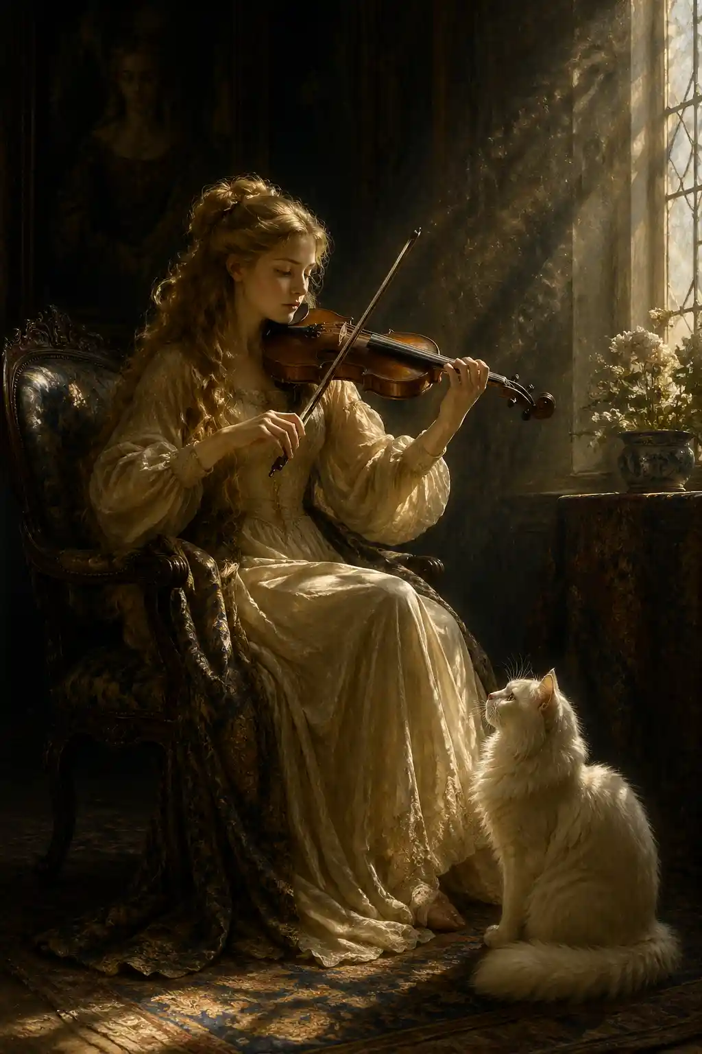 Young woman playing violin beside window in classical style