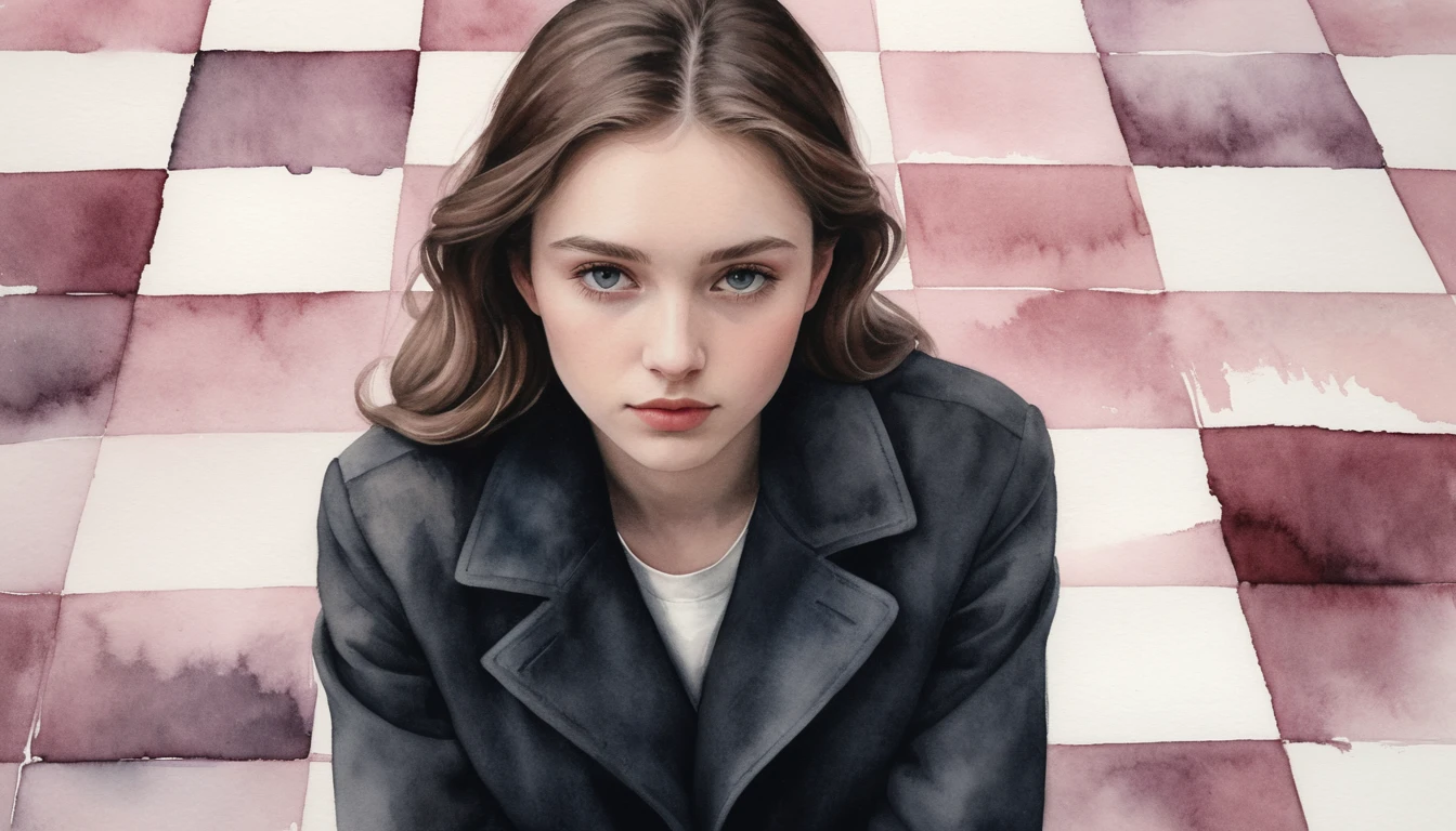 Young woman on a misty chessboard in watercolor tones