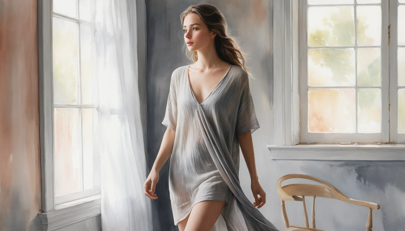 Young woman in a soft watercolor walking through draped rooms