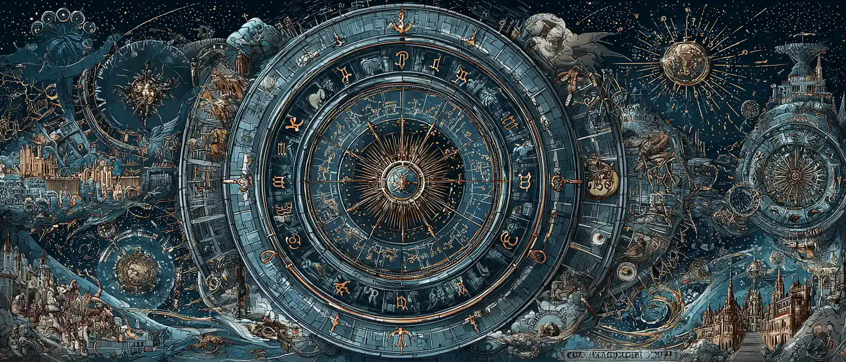 Zodiac constellation symbols spread across the night sky