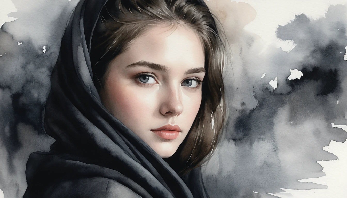 Young woman in cloak among empty chairs in watercolor