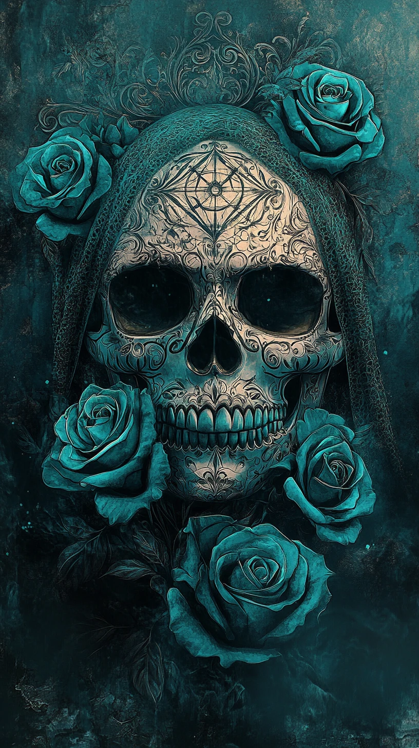 Blindfolded gothic skull with roses and sacred geometry