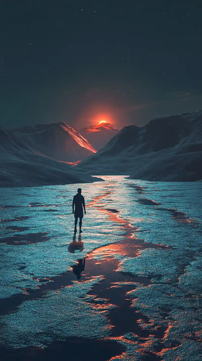 Lone traveler reaching for mirage on glowing desert horizon
