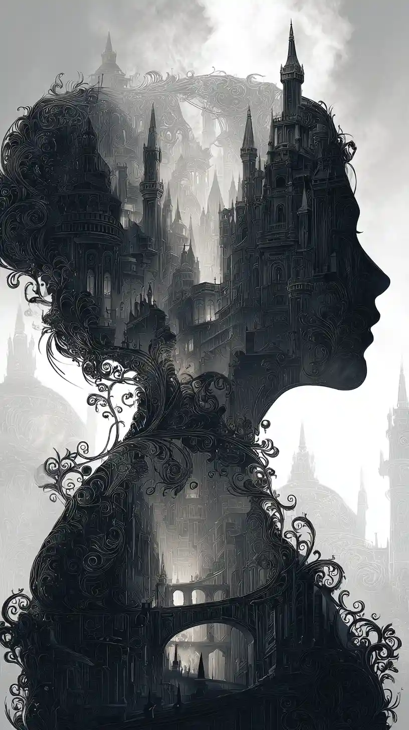 Gothic city silhouette forming a mysterious feminine figure