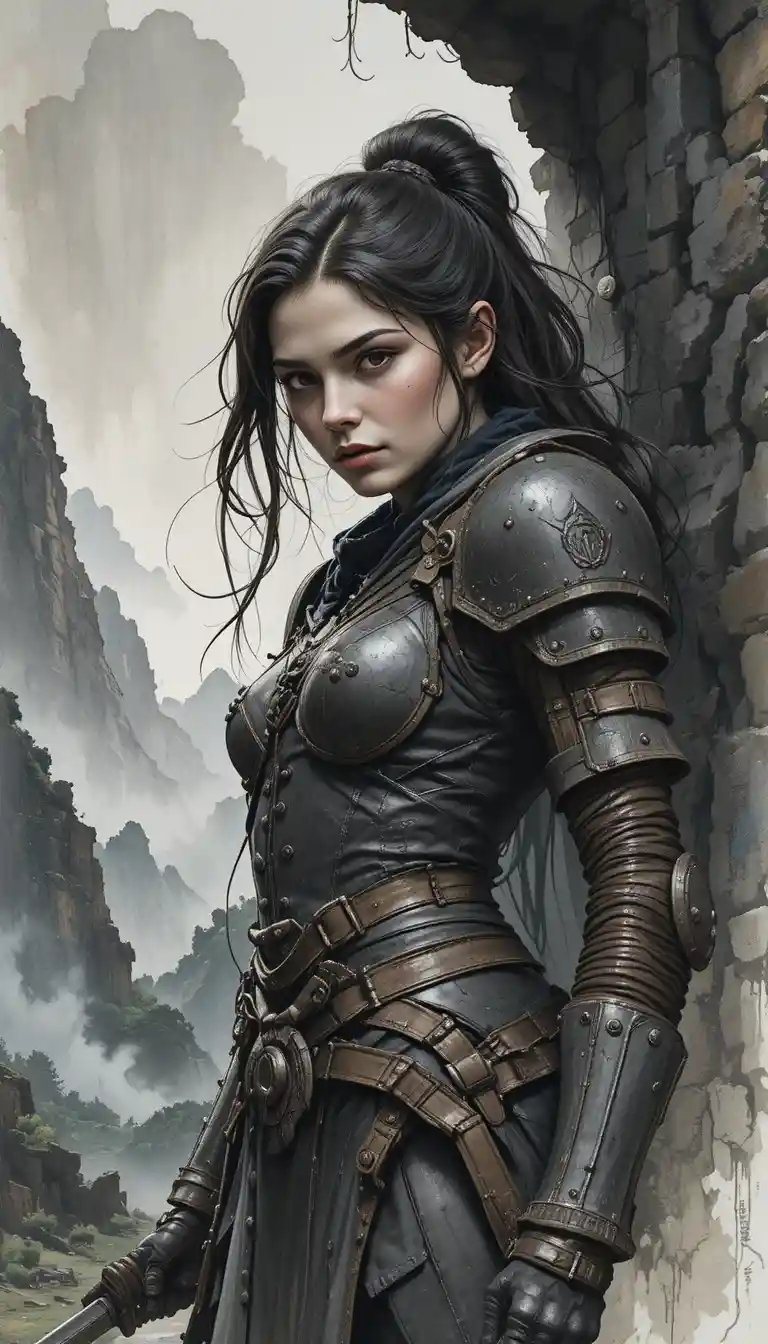 Watercolor female warrior in a mystical fantasy landscape