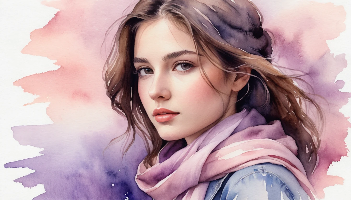 Watercolor profile of a young woman in a pink scarf