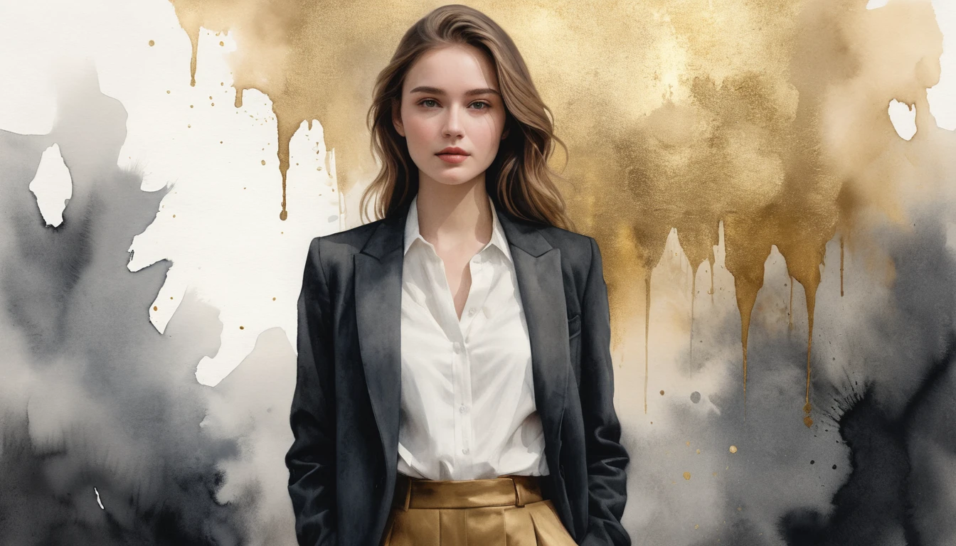 Young woman in coat standing in vast golden coin hall