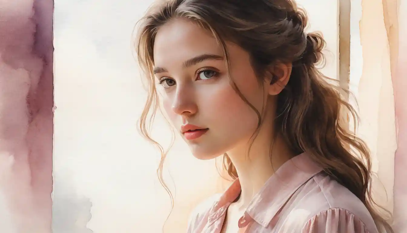 Watercolor portrait of a young woman before an empty mirror