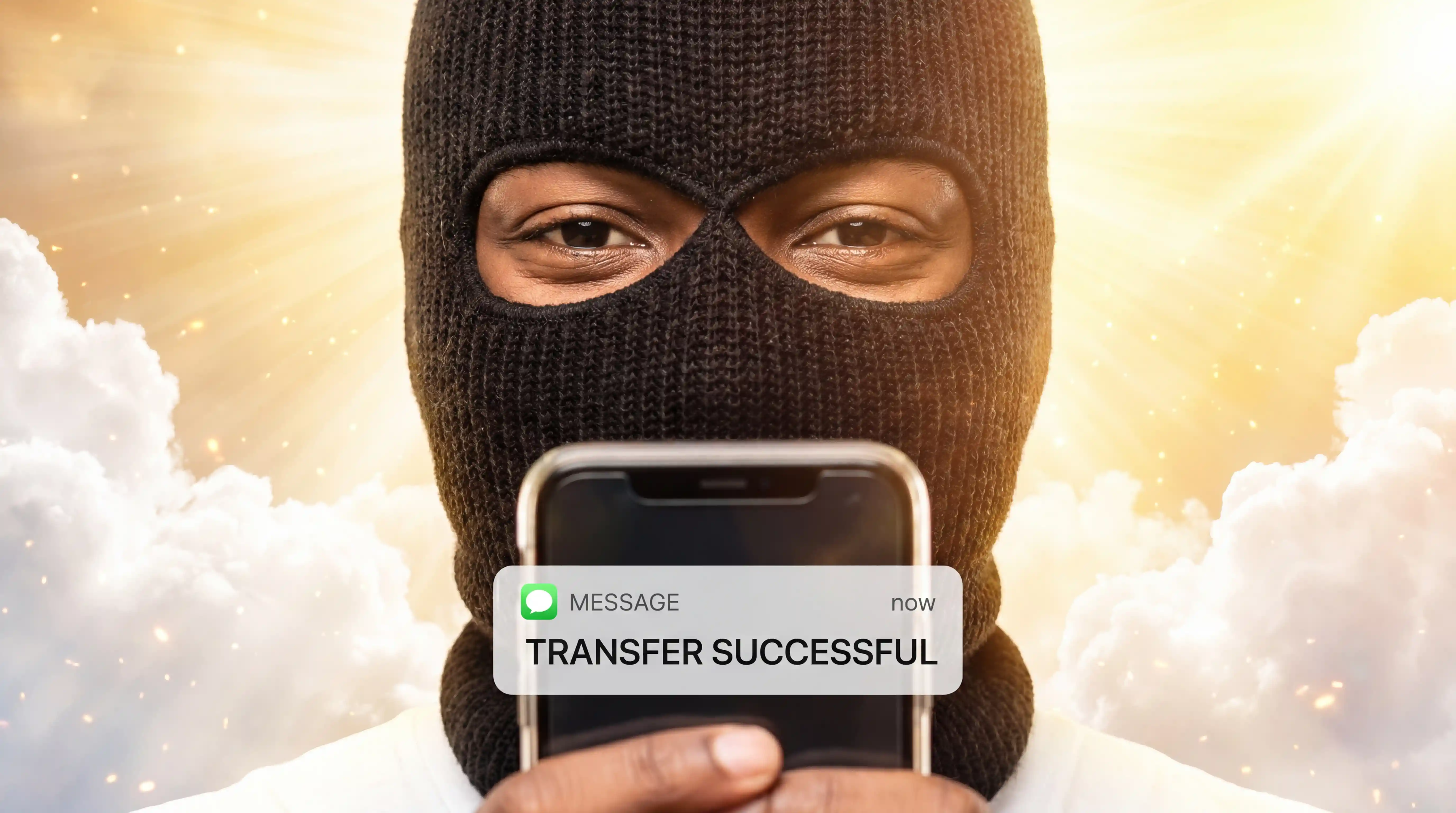 Masked woman with phone against glowing heavenly light
