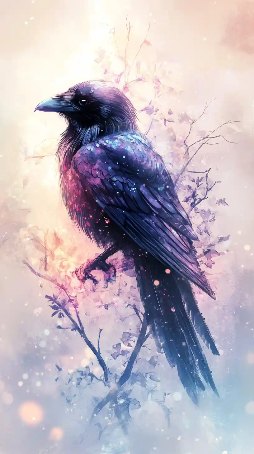 Dreamy raven in pastel shadows with glowing particles