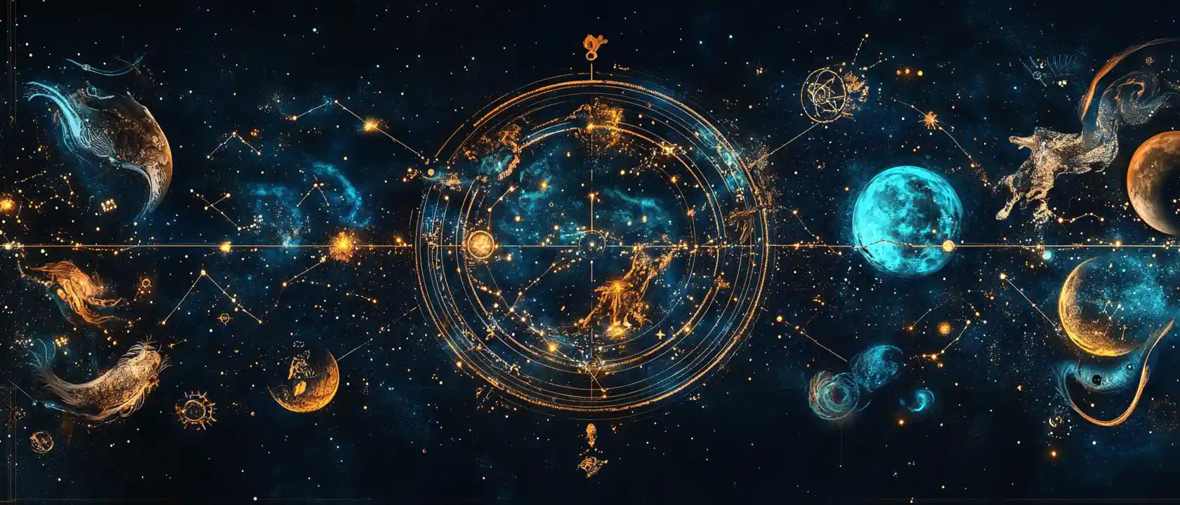 Zodiac signs arranged across the star filled night sky