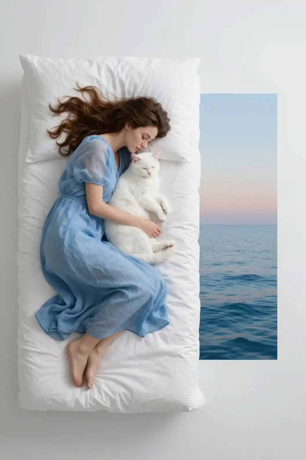 Girl Sleeping Beside White Cat On Minimalist White Bed