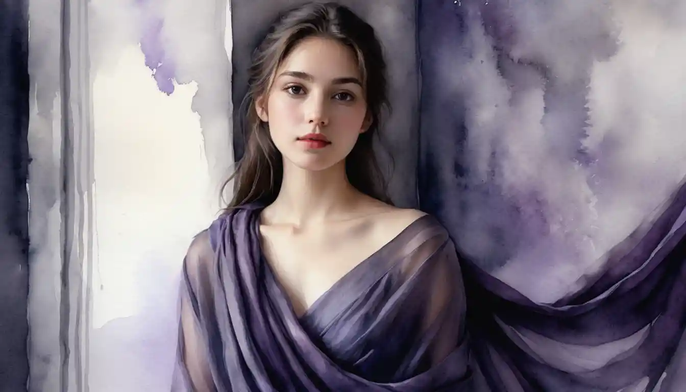 Watercolor portrait of a young woman fading into smoky walls