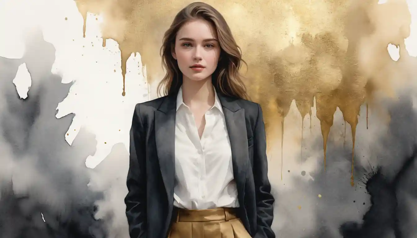 Young woman in coat standing in vast golden coin hall