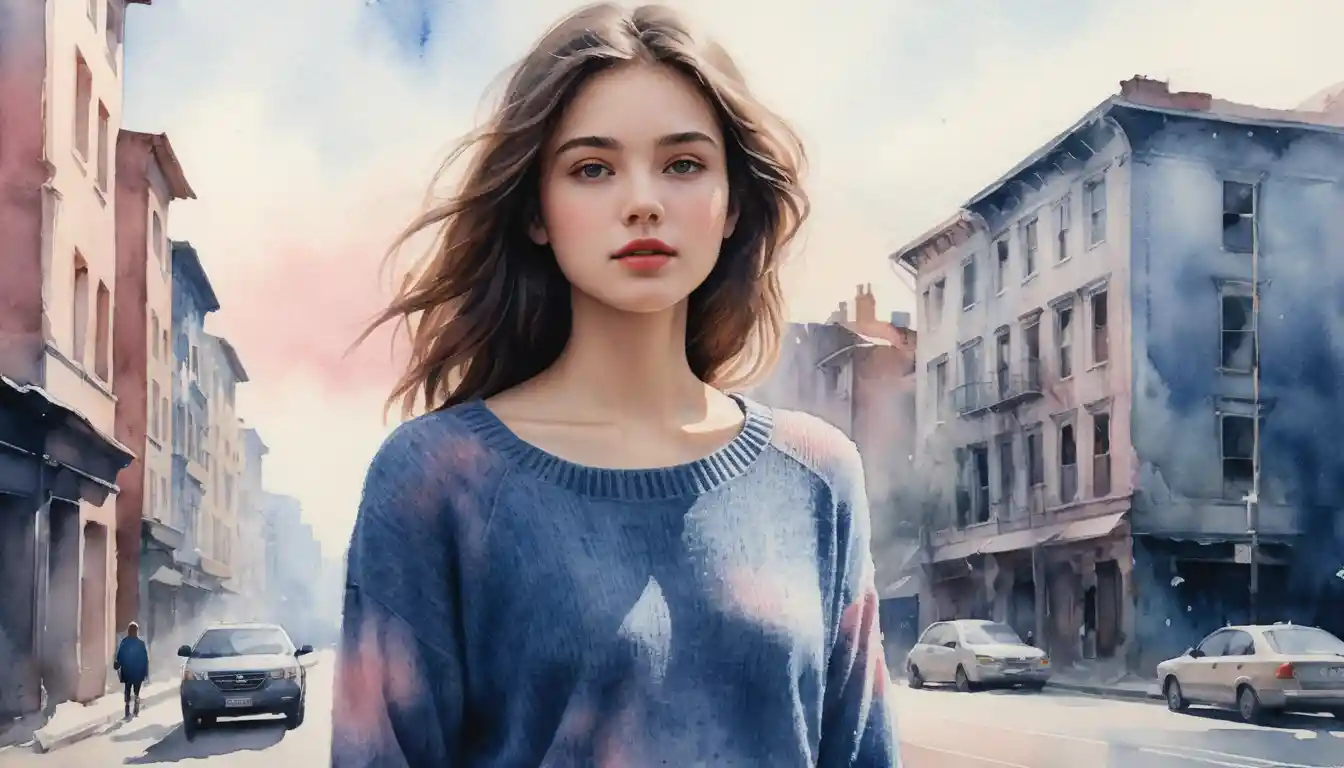 Young woman walking through dissolving watercolor cityscape
