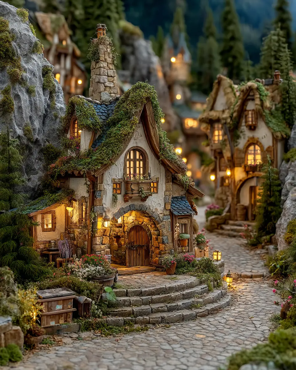 Peaceful fairytale miniature village with cozy cottages