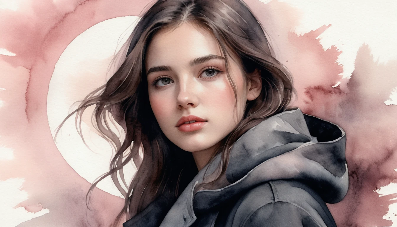 Watercolor girl standing inside a surreal giant clock