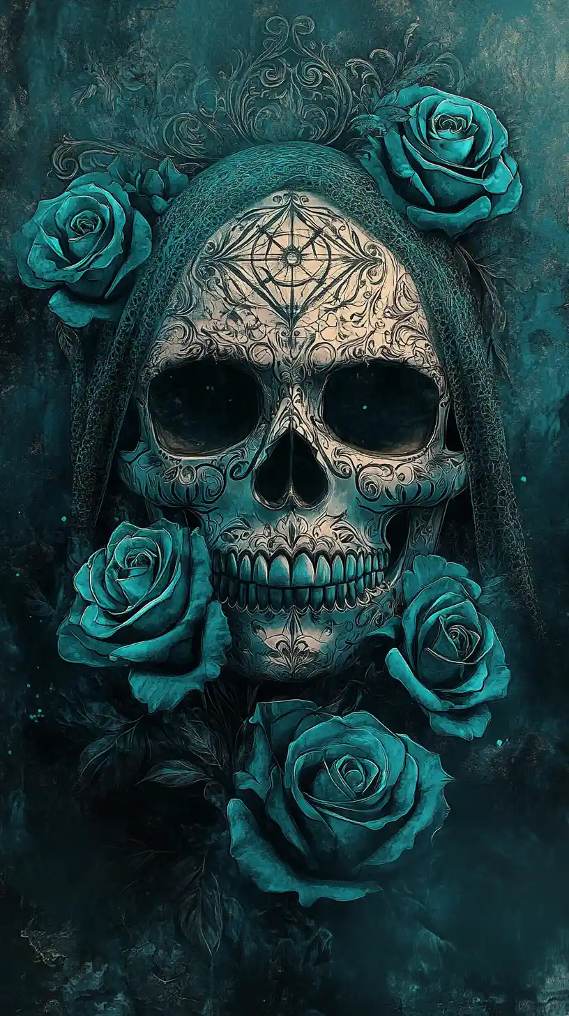 Blindfolded gothic skull with roses and sacred geometry