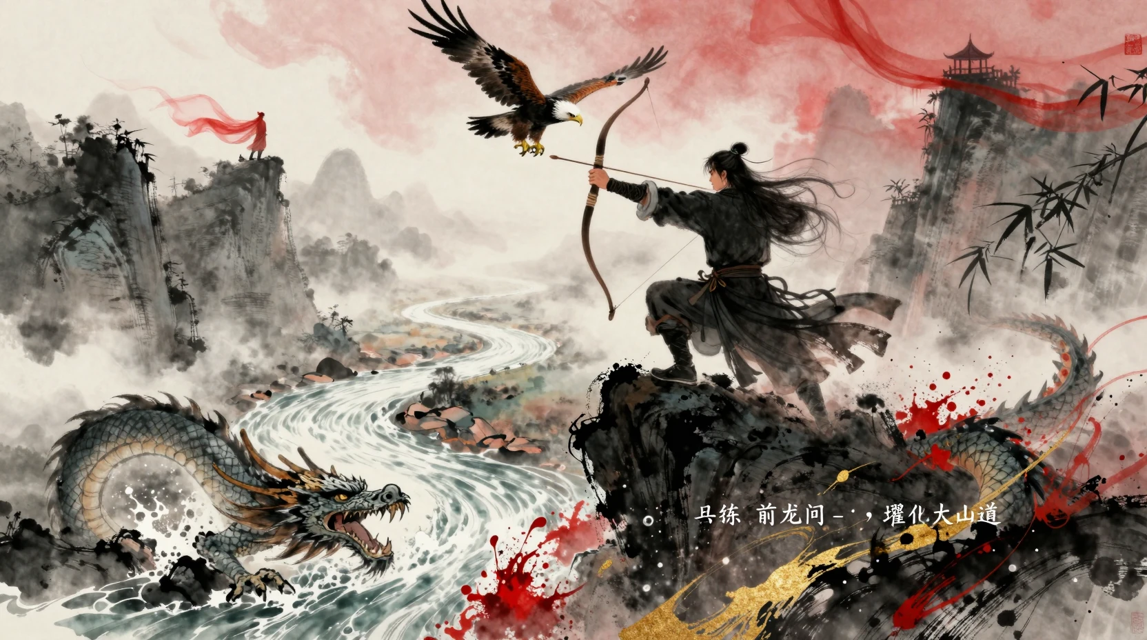 Héroe wuxia en la cima de la montaña tensando su arco hacia el cielo