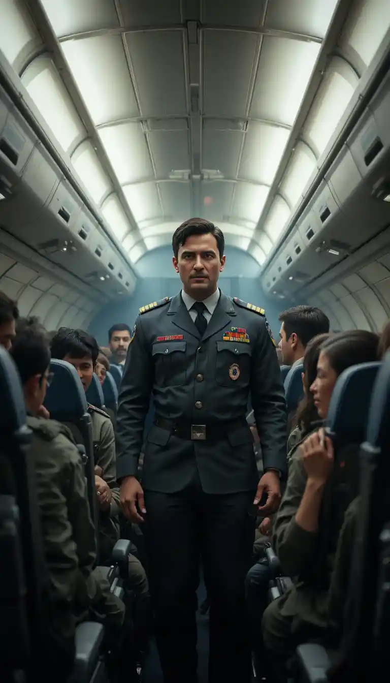 Airline pilot standing among crying passengers in cabin