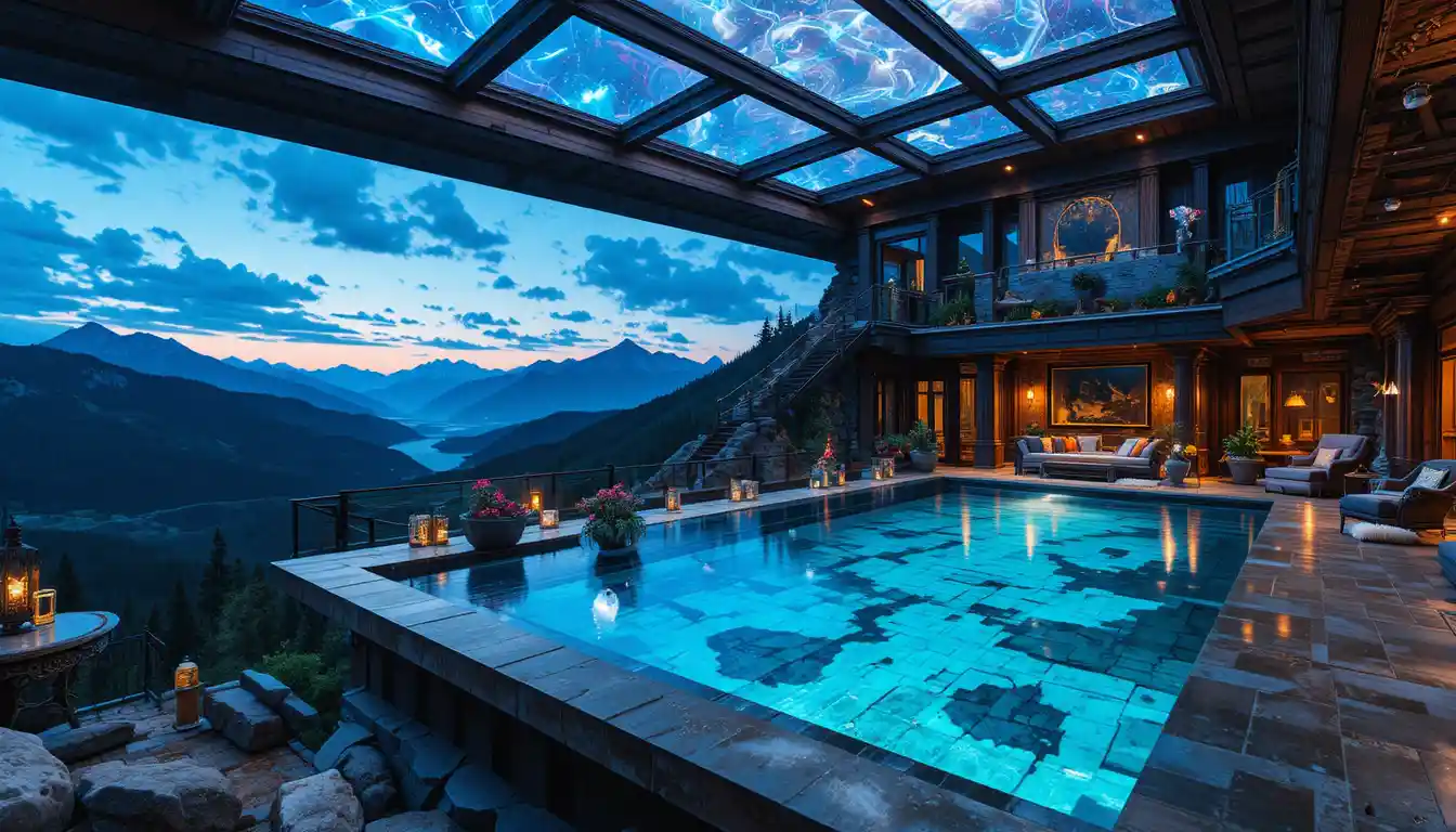 Luxury mountain estate with sky pool above rugged peaks
