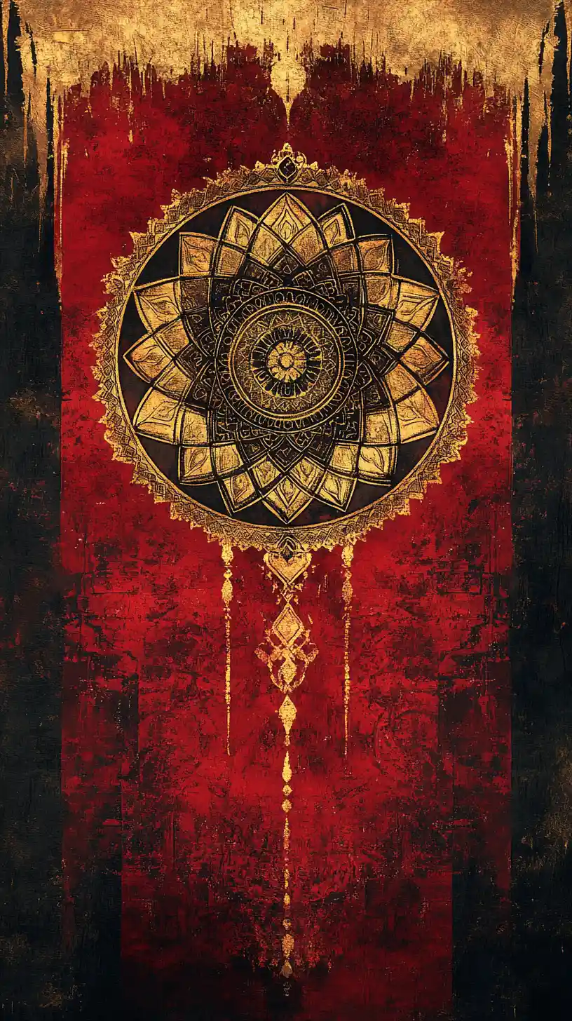 Ornate mandala with gold halo on aged textured background