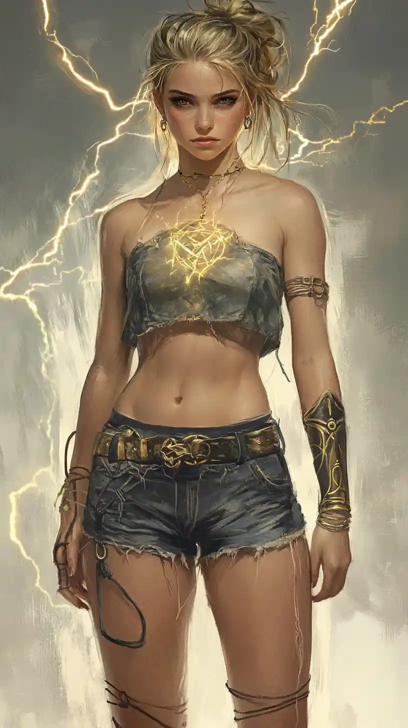 Fantasy summer woman in shorts and top with lightning