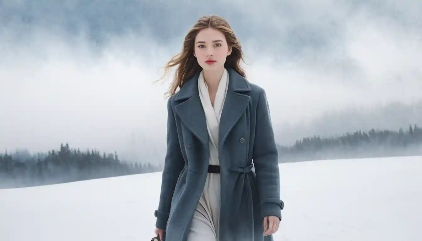 Young woman in gray coat walking across snowy battlefield