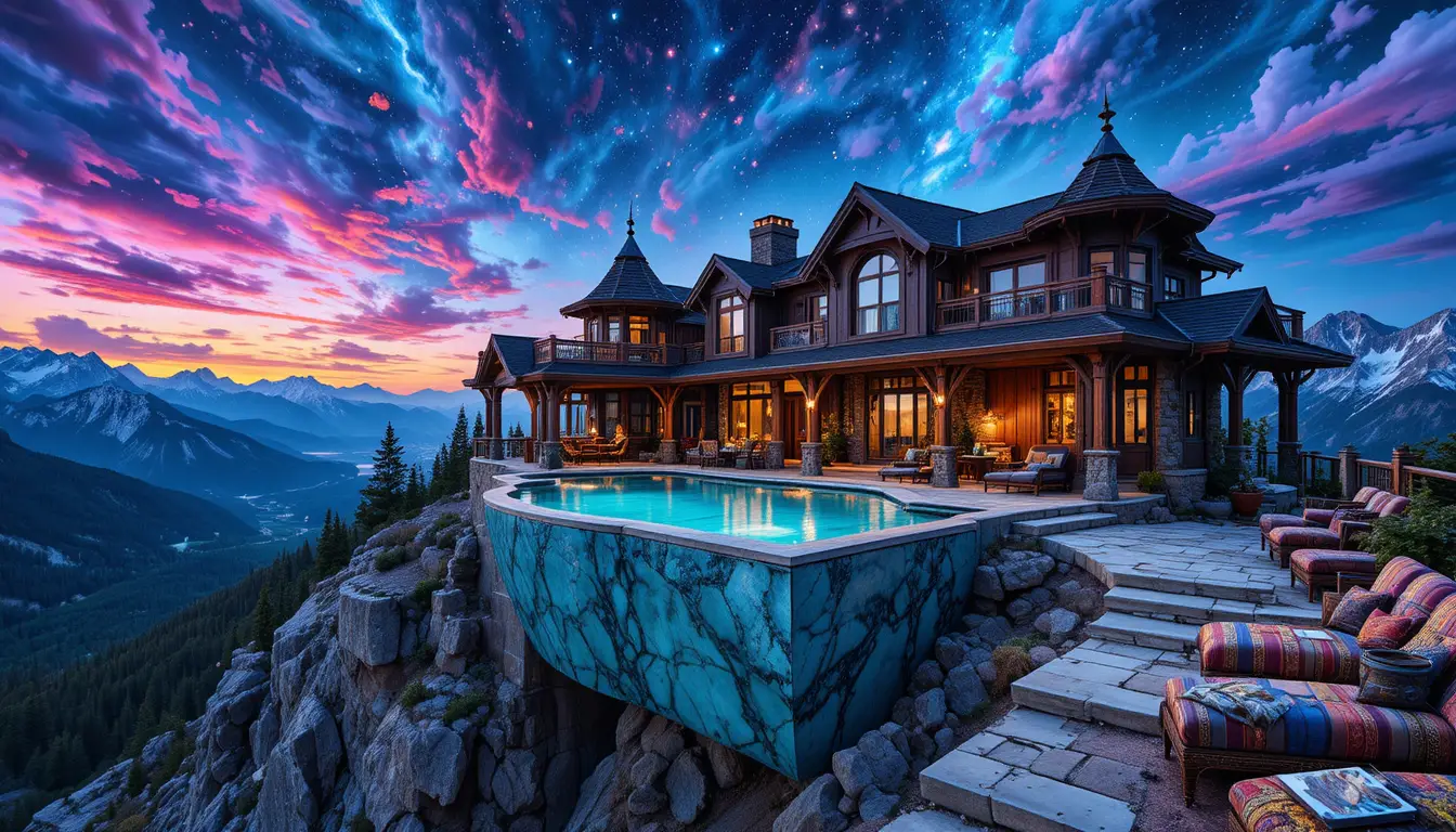 Luxury mountain estate with sky pool above rugged peaks