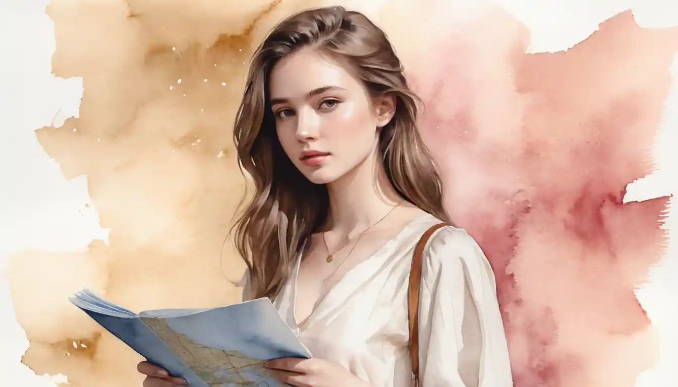 Young woman in watercolor gazing at a blank map