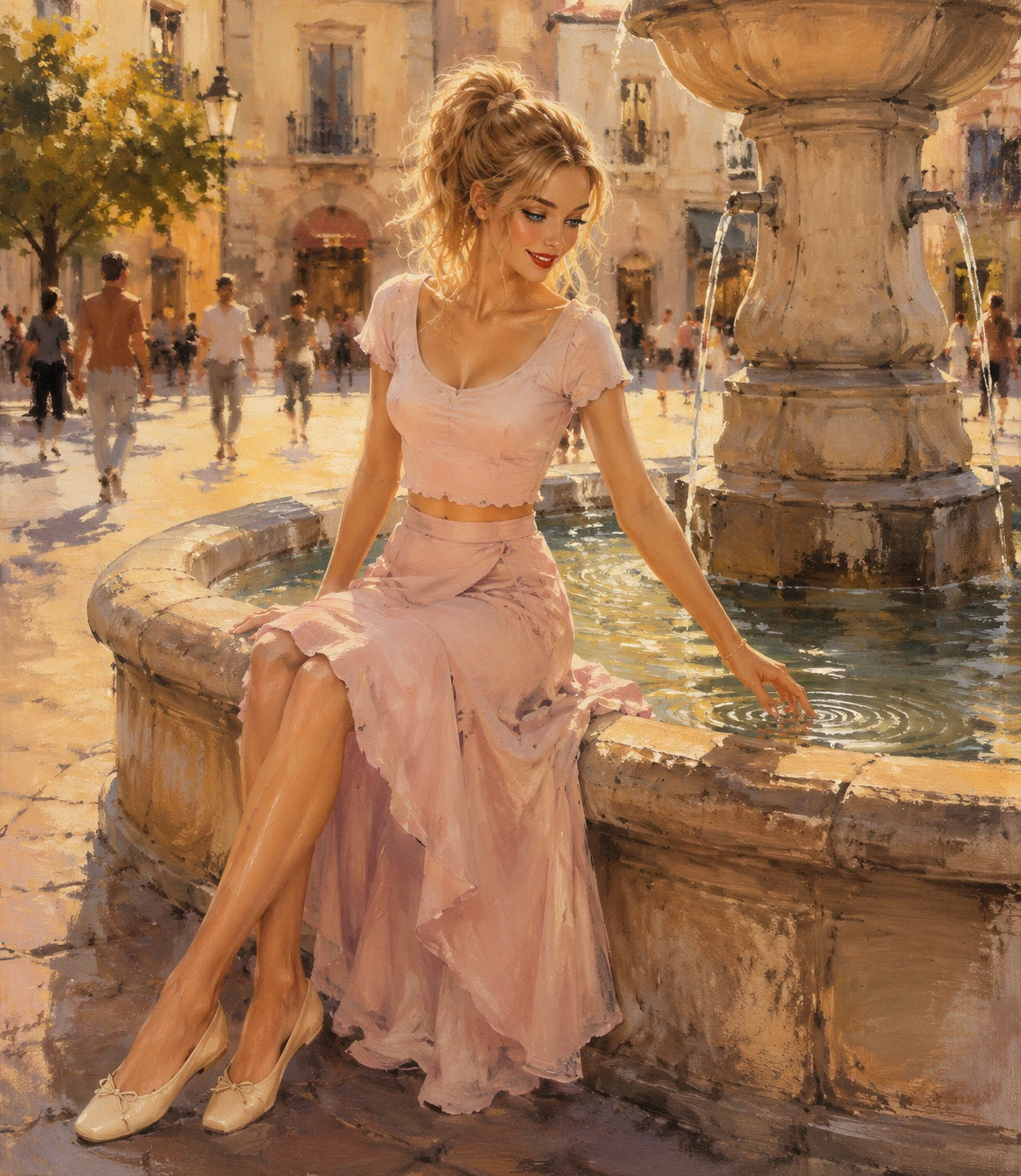 Blonde woman in pink outfit by a stone fountain