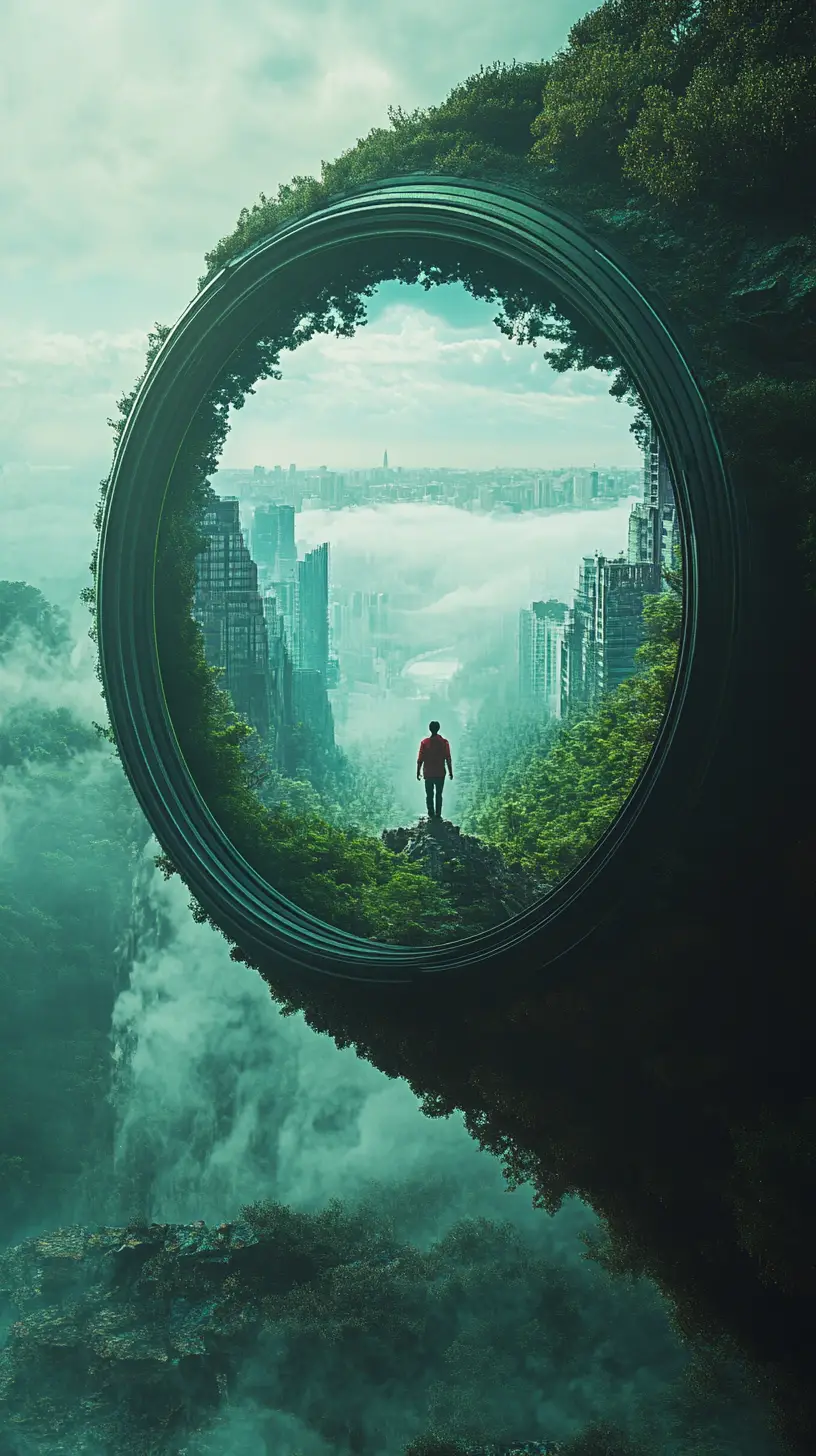Surreal camera lens portal floating in deep space