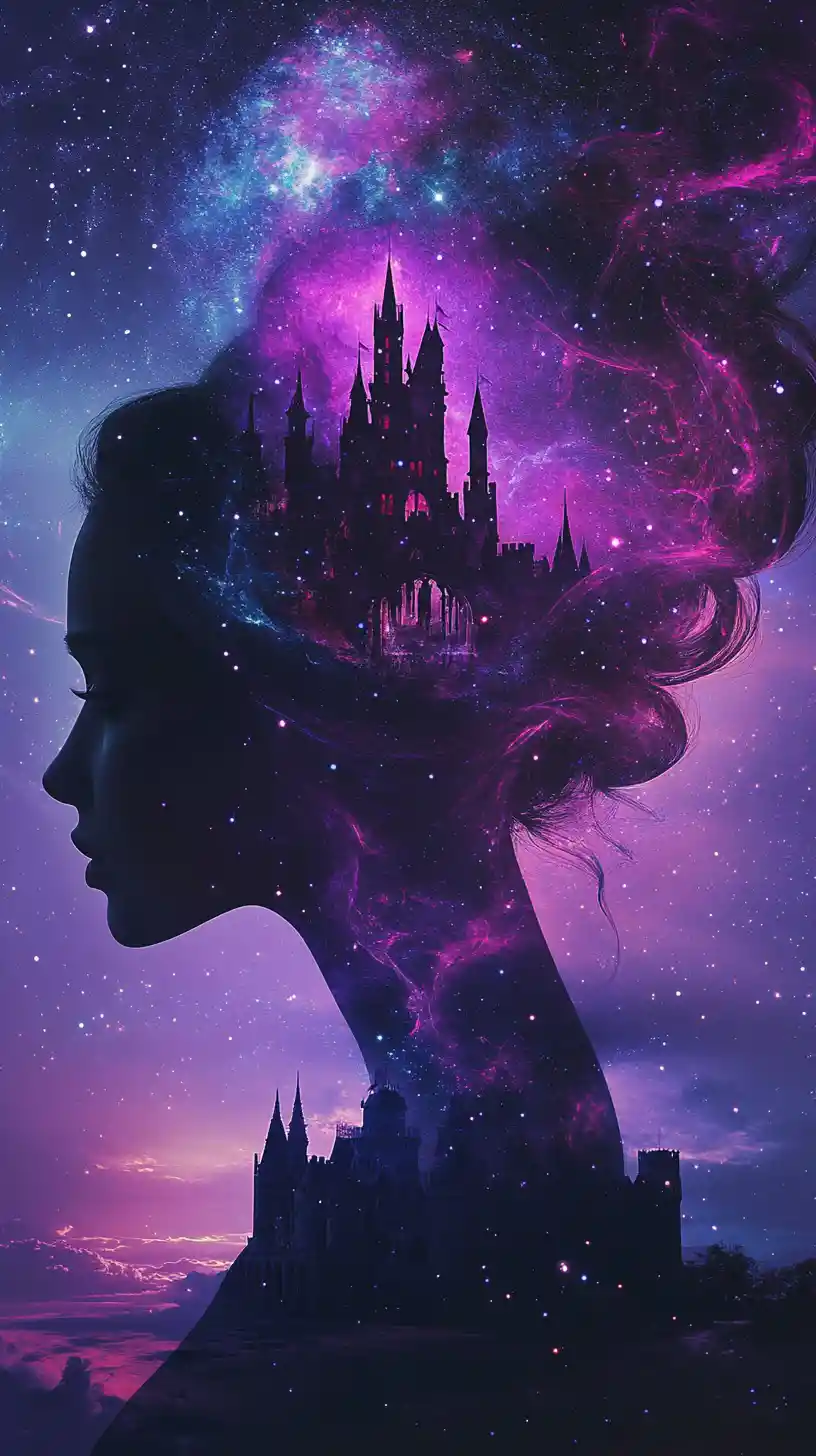 Celestial feminine silhouette with castles and swirling galaxies
