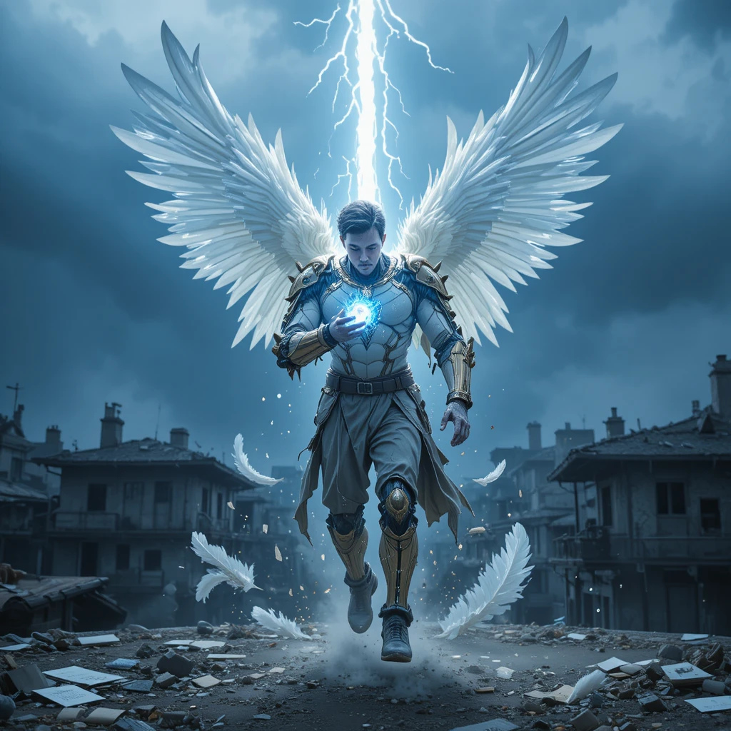 Armored hero landing on a ruined city rooftop