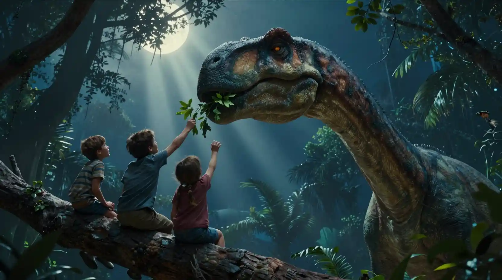 Brachiosaurus Head Looming Above Children In Night Jungle
