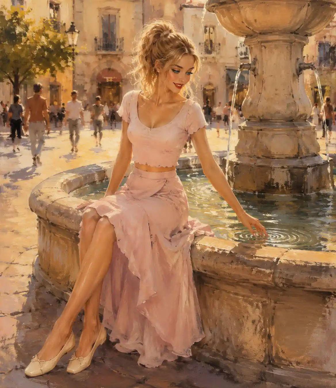 Blonde woman in pink outfit by a stone fountain