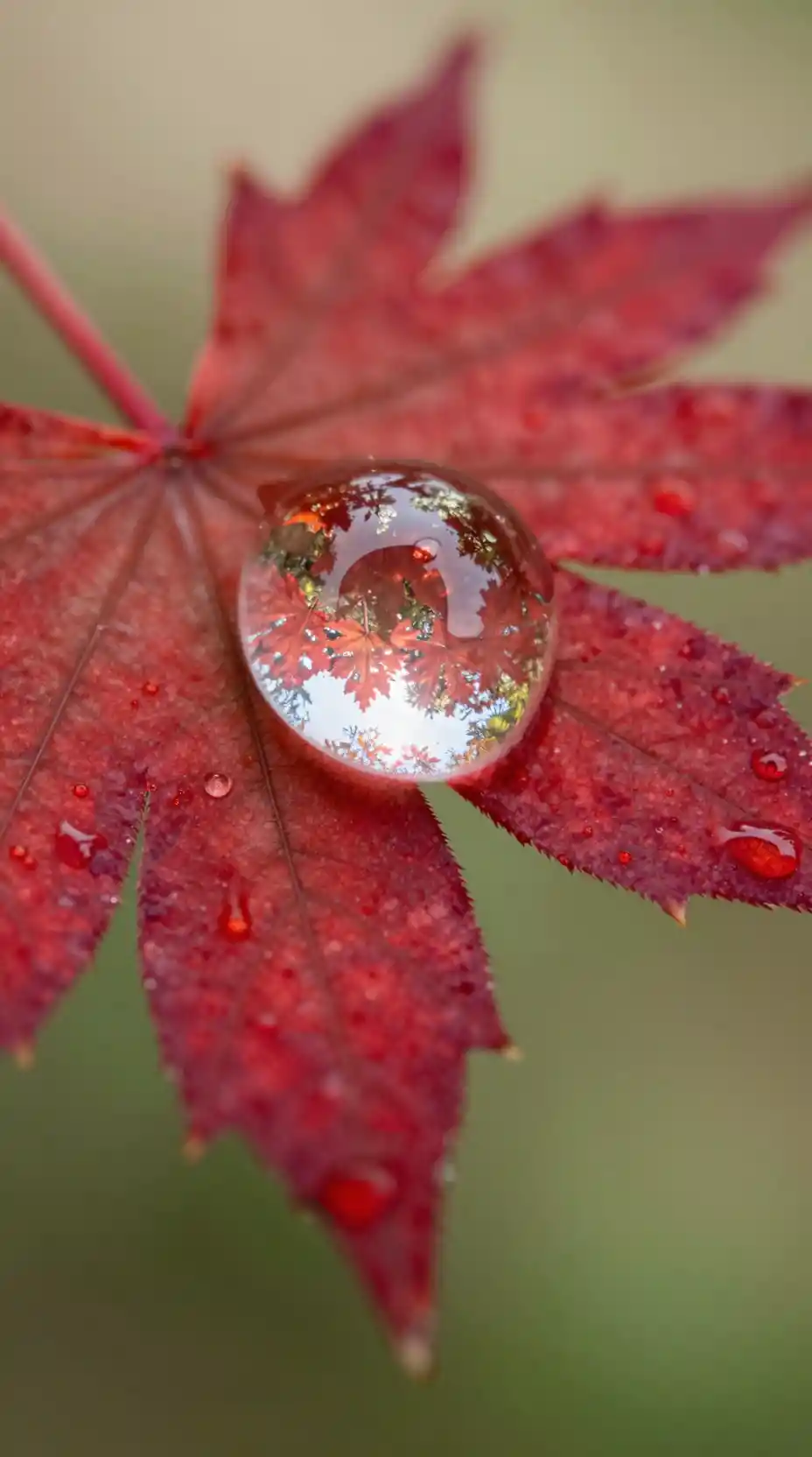 Dewdrop on crimson maple leaf with forest reflection