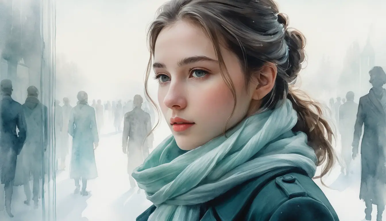 Watercolor girl in a mint and teal gallery interior