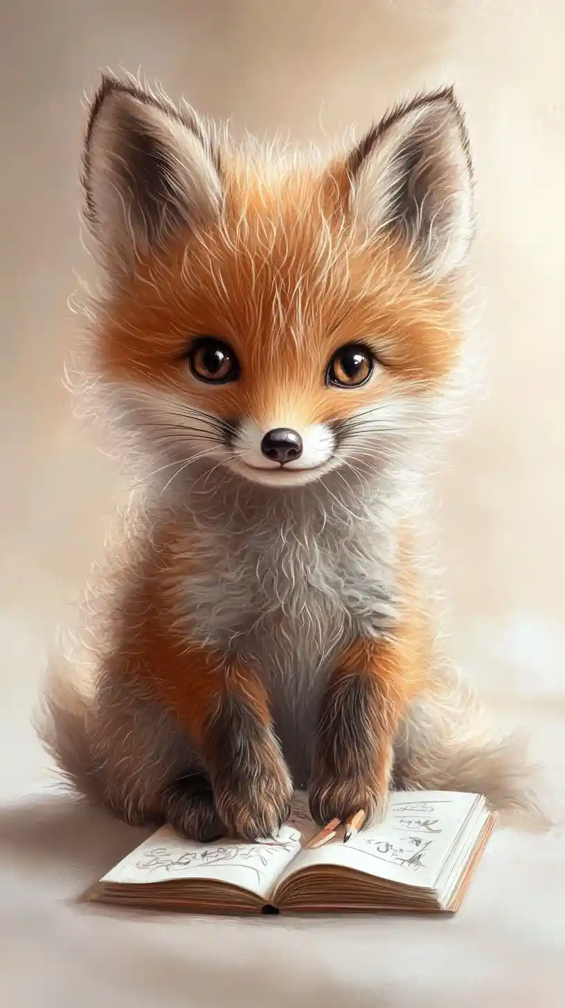 Fluffy baby fox sketching in a tiny notebook