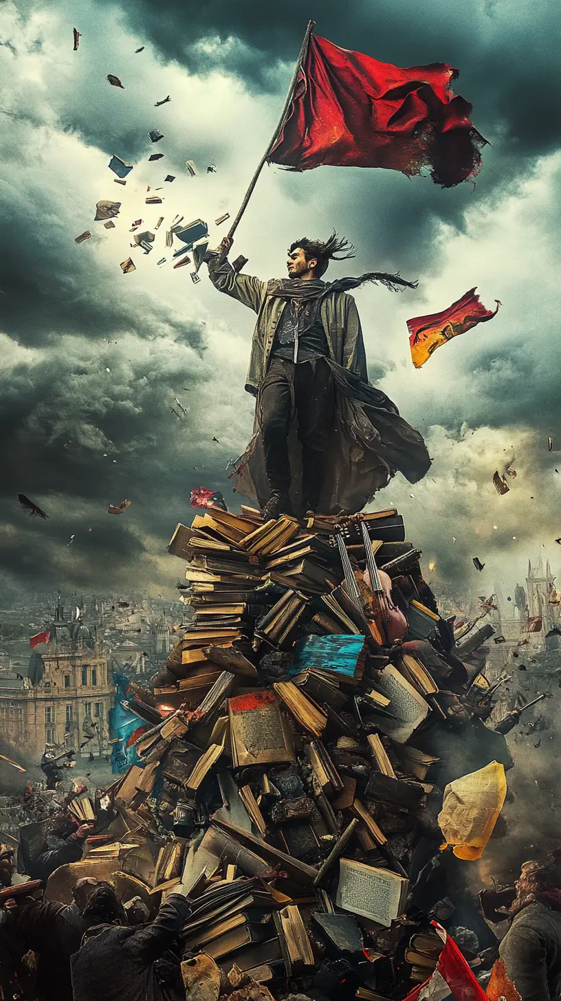 Weary figure on barricade of books in stormy city stage