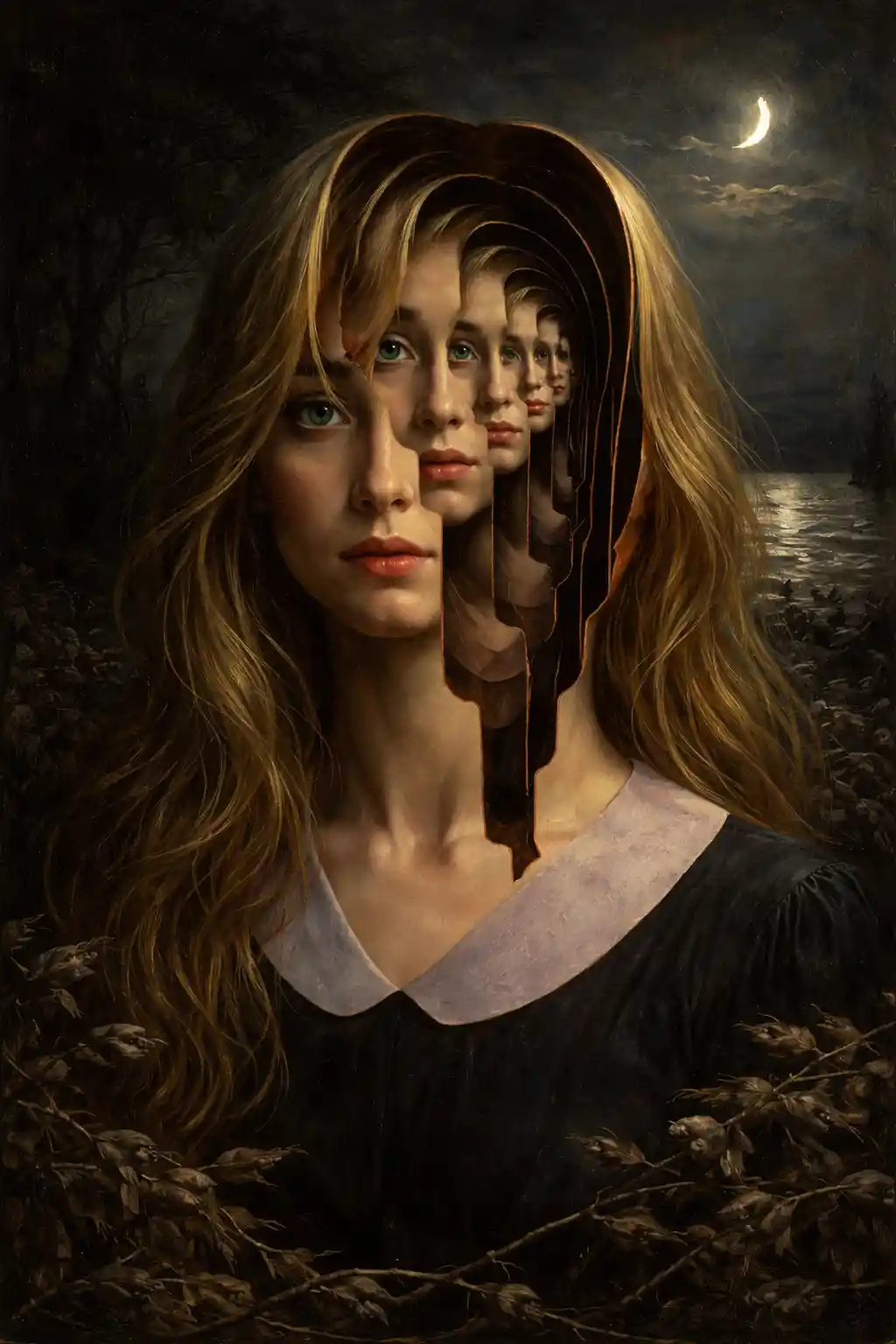 Surreal layered portrait of a fragmented woman at night