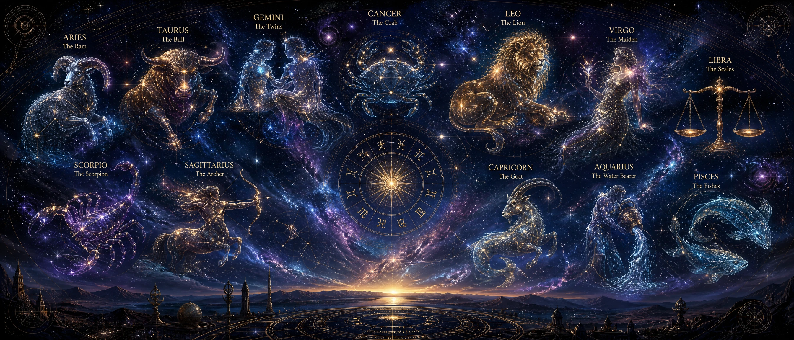 Zodiac constellation symbols spread across the night sky